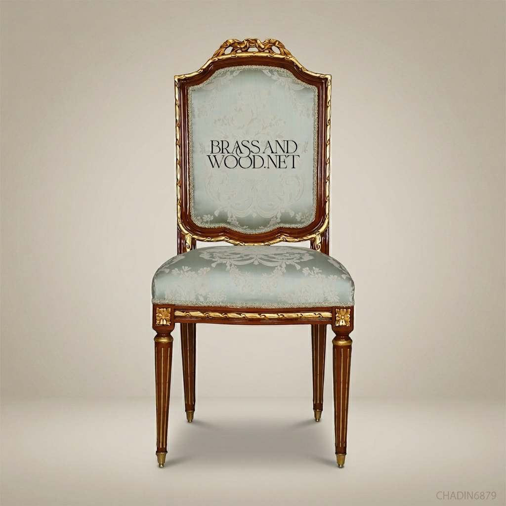 Brass & Wood Louis XVI Damask Dining Chair — Without Arms