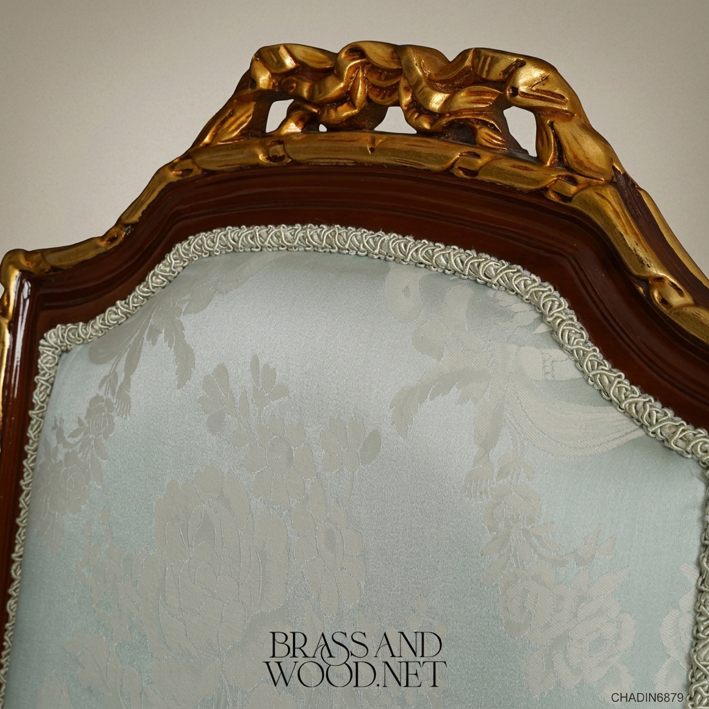 Brass & Wood Louis XVI Damask Dining Chair — Without Arms