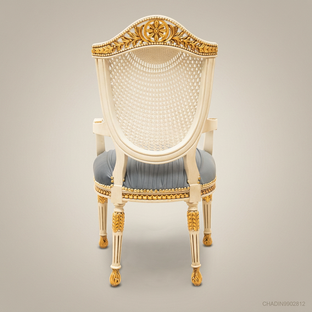 Brass & Wood Louis XVI Cane Back Dining Chair — With Arms