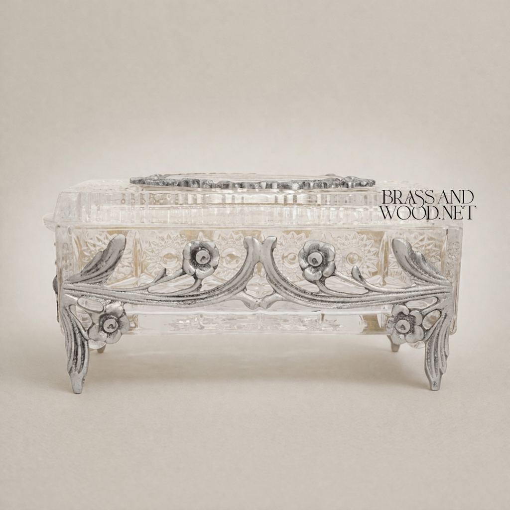Rococo Floral Relief Crystal Tissue Box with Scrollwork Metal Frame