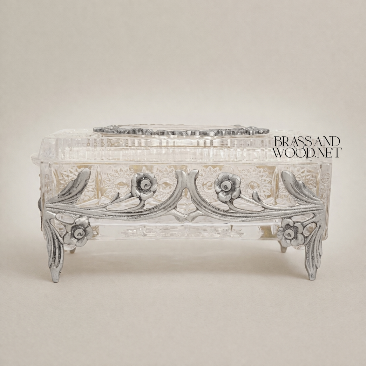 Rococo Floral Relief Crystal Tissue Box with Scrollwork Metal Frame — Silver