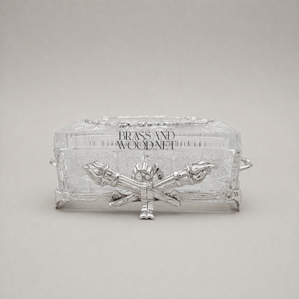 Neoclassical Crystal Tissue Box with Crossed Torch Appliqués