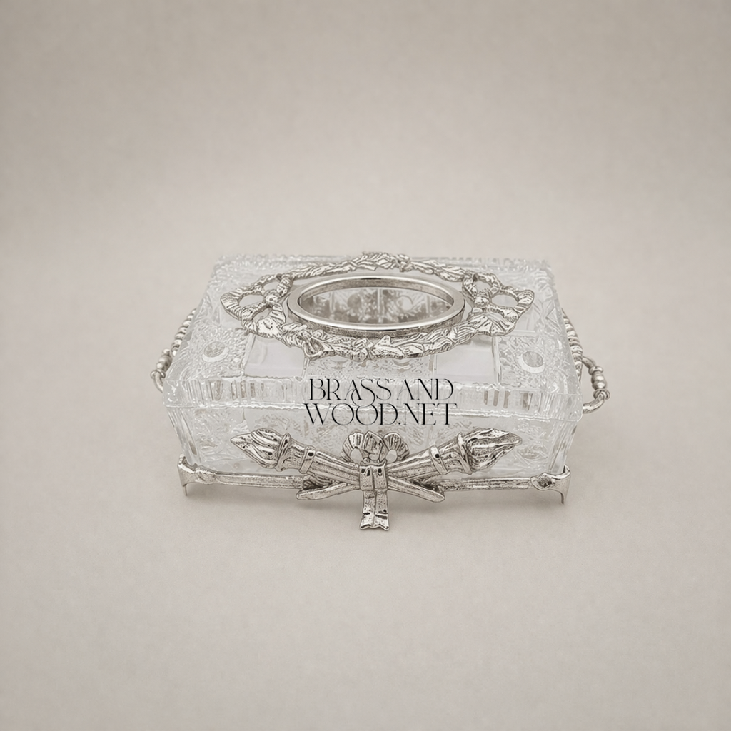 Neoclassical Crystal Tissue Box with Crossed Torch Appliqués
