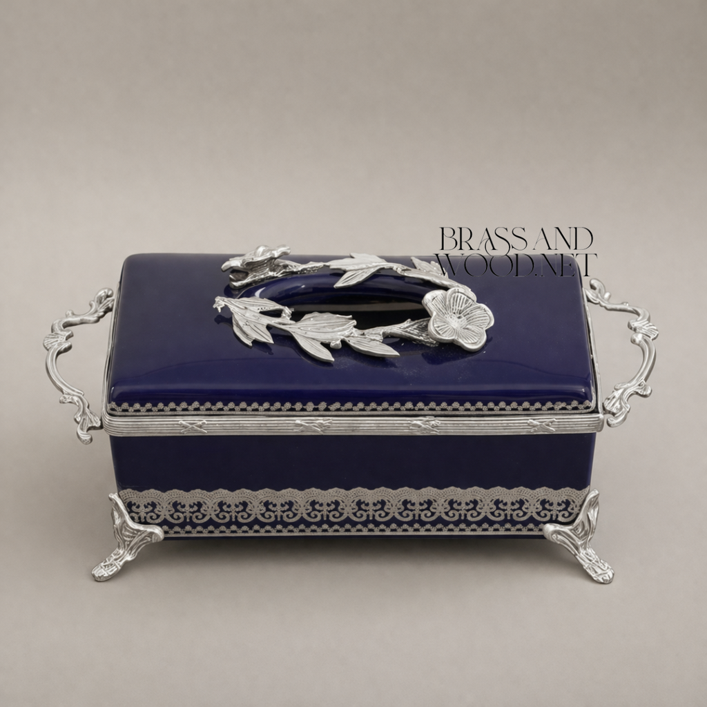 Rococo Brass & Ceramic Tissue Box - Navy Blue Floral Wreath Lid — Silver