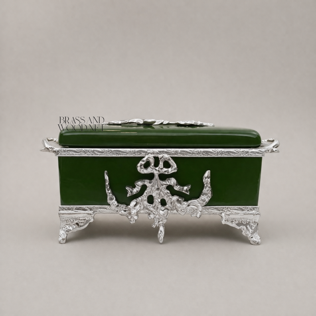Rococo Brass & Ceramic Tissue Box Holder with Acanthus Scrollwork Frame