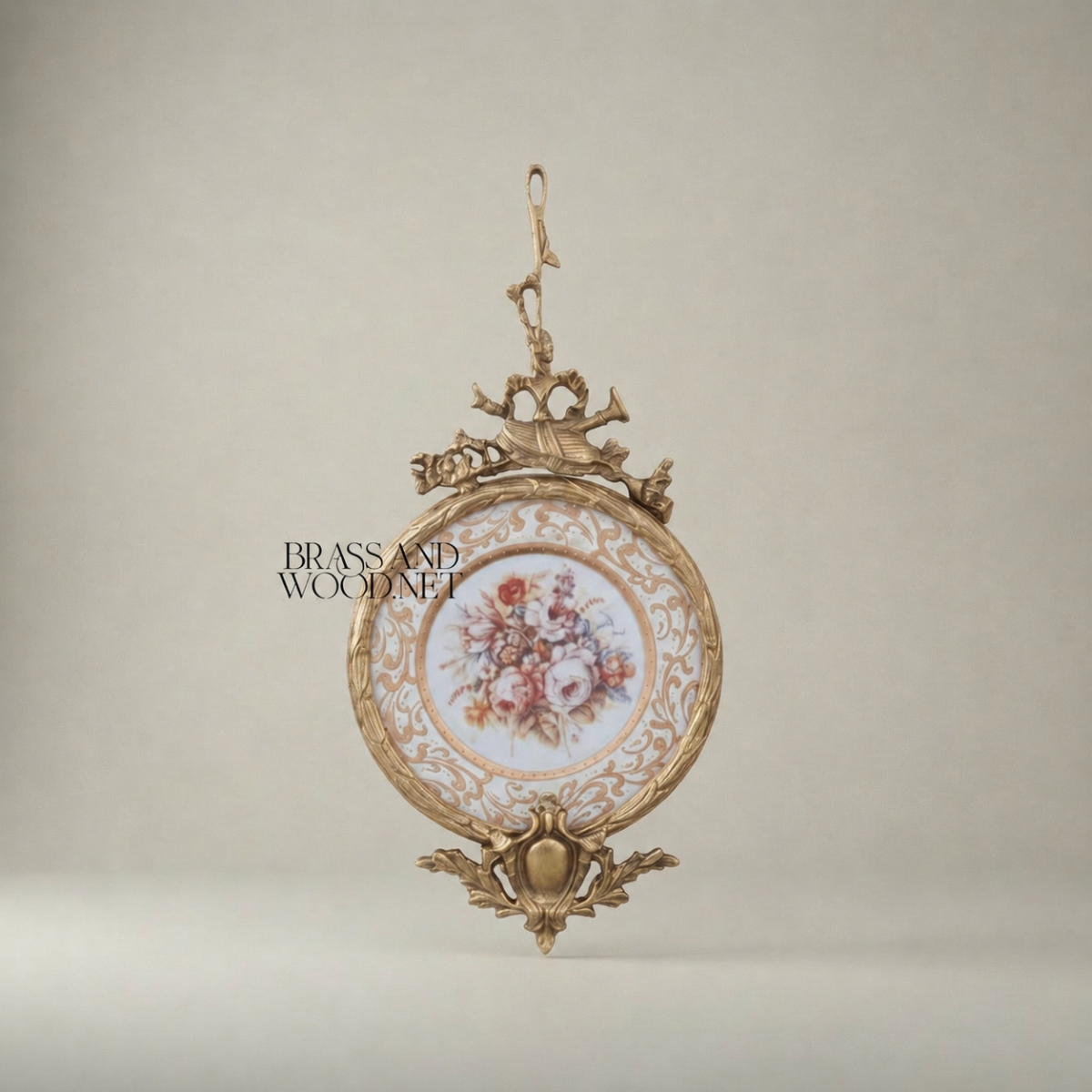 Rococo Brass & Porcelain Decorative Hanging Plate – Floral Bouquet Medallion with Ornate Frame