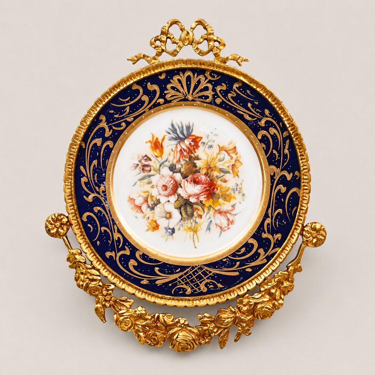 Sèvres-Style Cobalt Porcelain Decorative Wall Plate with Gilt Brass Floral Frame