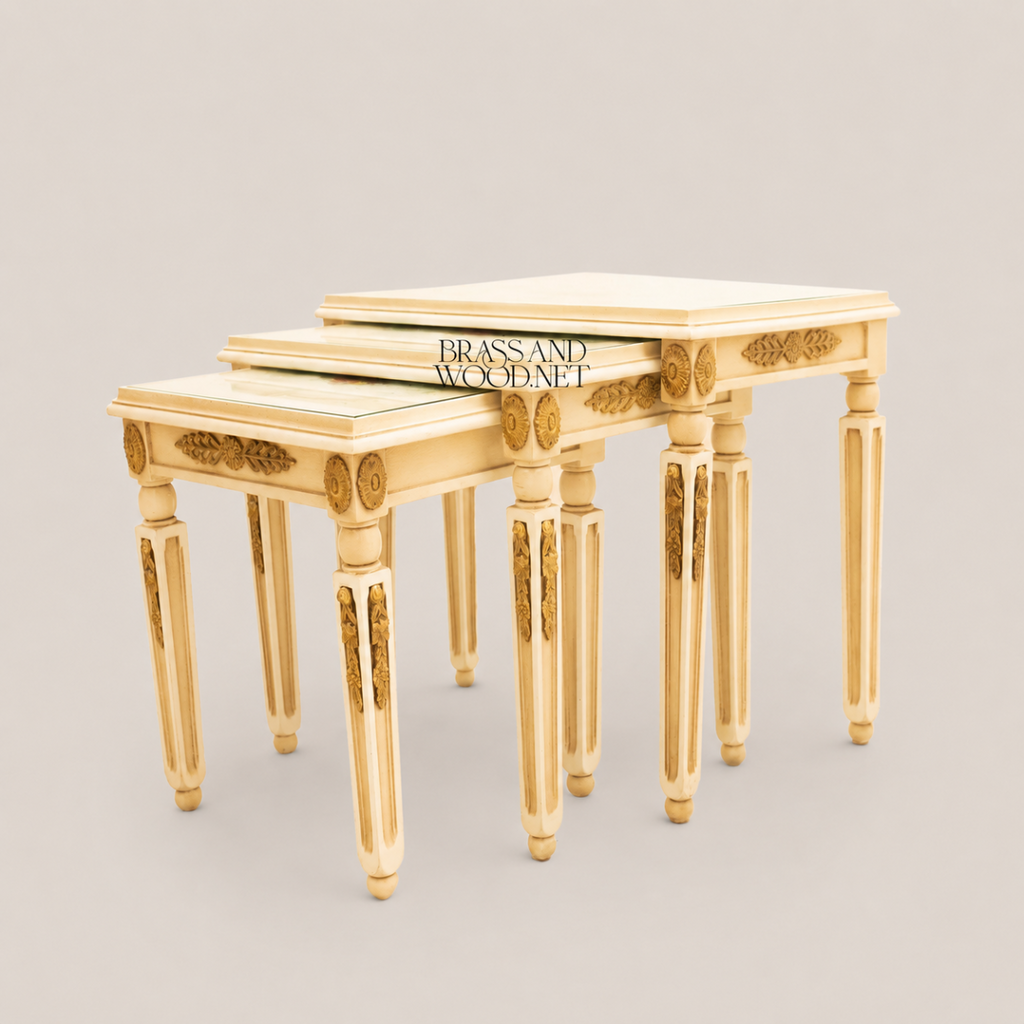 Louis XVI Nesting Side Tables | Ivory Lacquer & Gold Leaf Hand-Painted Floral Set of 3