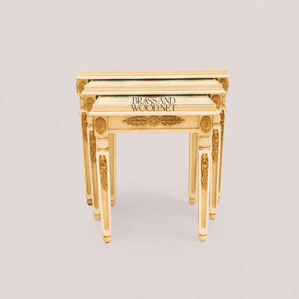 Louis XVI Nesting Side Tables | Ivory Lacquer & Gold Leaf Hand-Painted Floral Set of 3