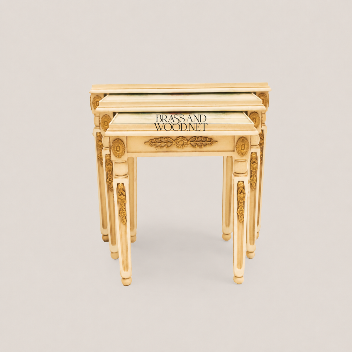 Louis XVI Nesting Side Tables | Ivory Lacquer & Gold Leaf Hand-Painted Floral Set of 3