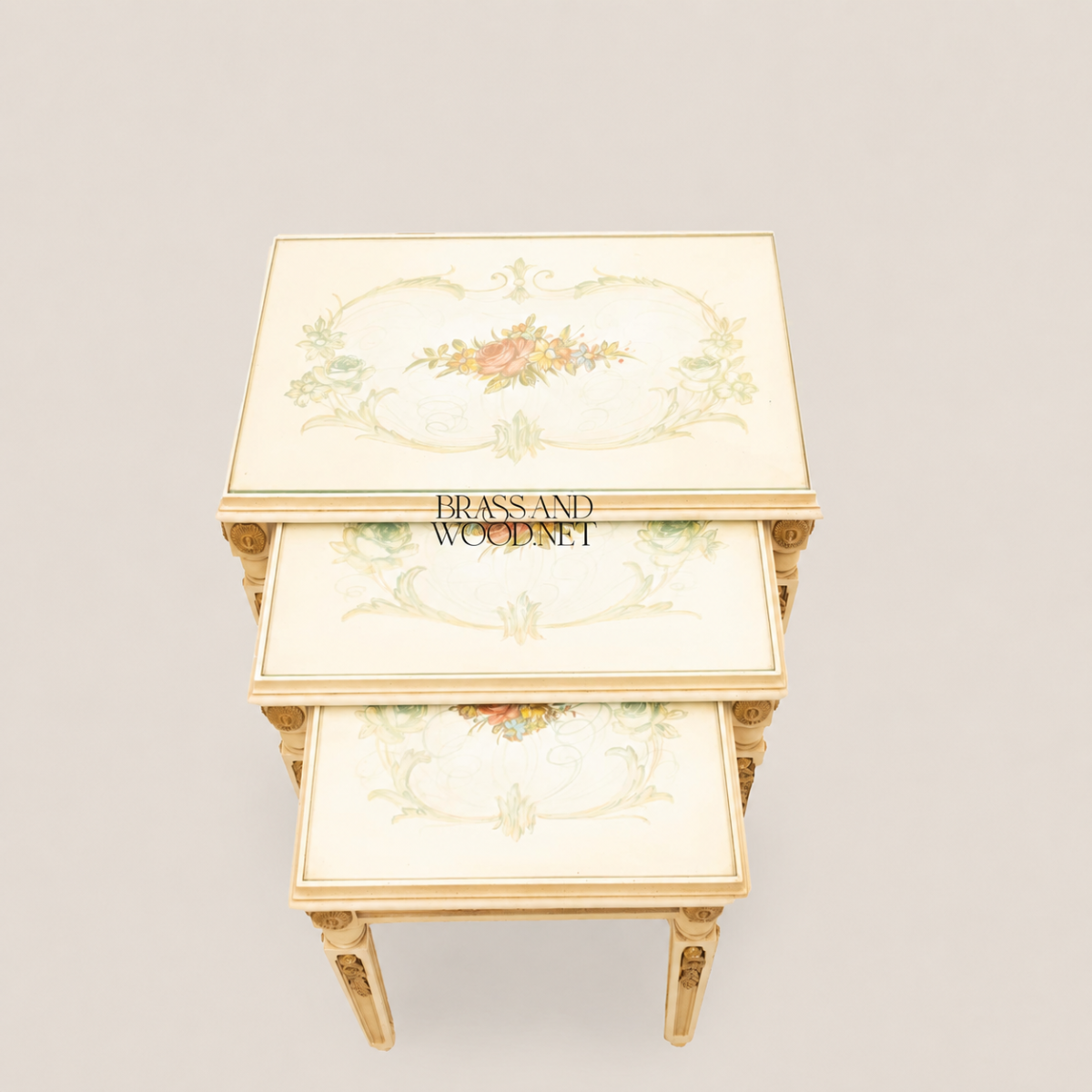Louis XVI Nesting Side Tables | Ivory Lacquer & Gold Leaf Hand-Painted Floral Set of 3