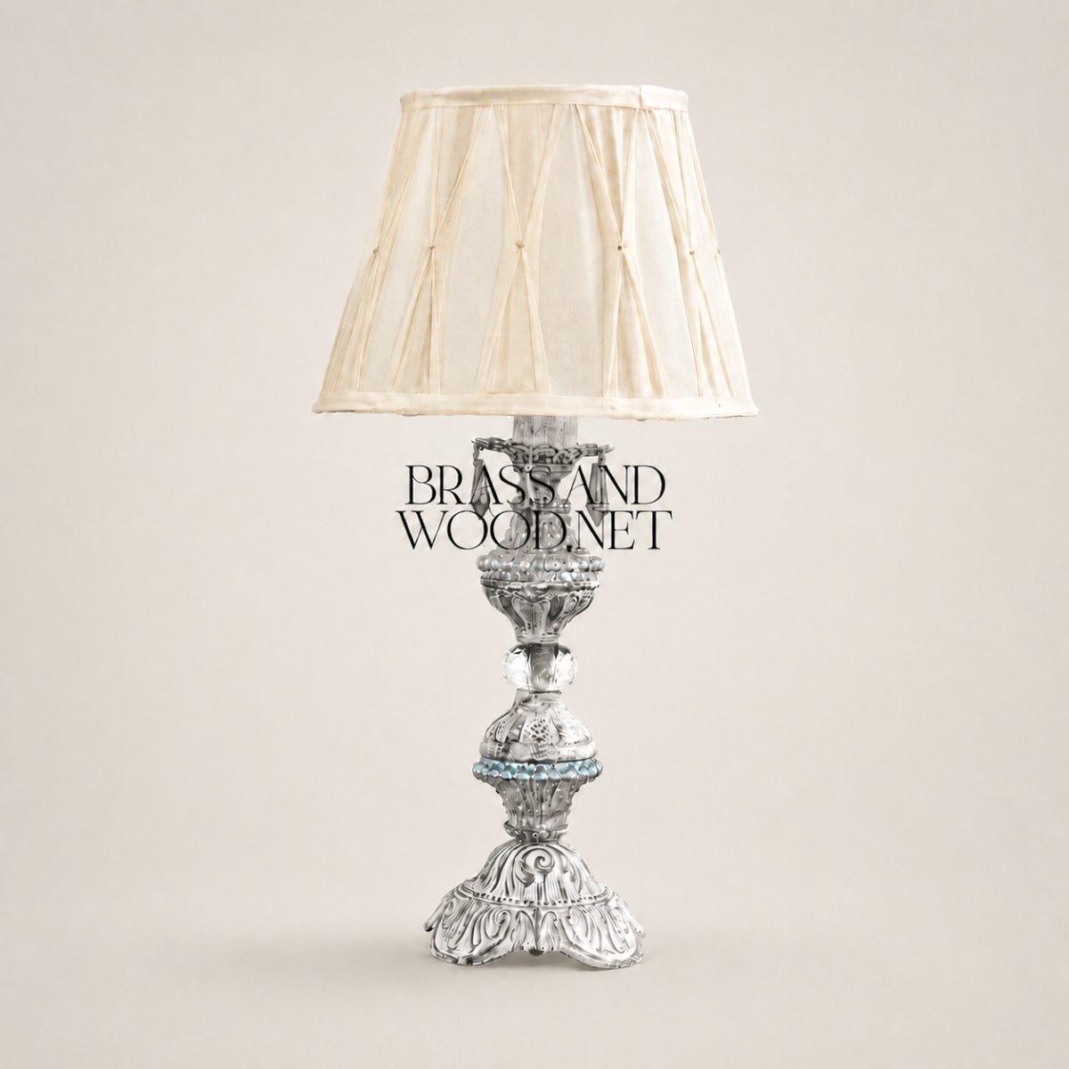 Classical Baroque Brass & Crystal Table Lamp - Ornate Carved Pedestal — Silver