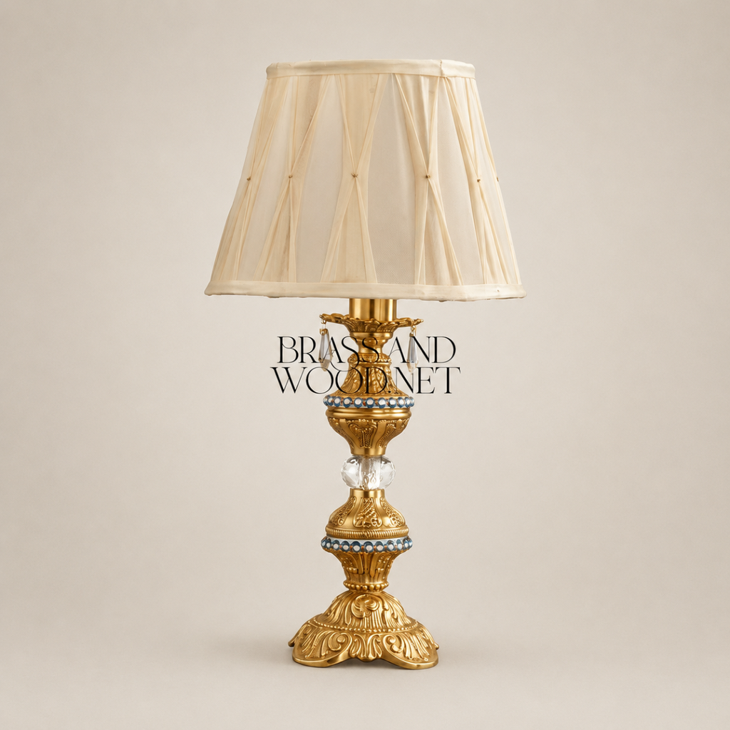 Classical Baroque Brass & Crystal Table Lamp - Ornate Carved Pedestal