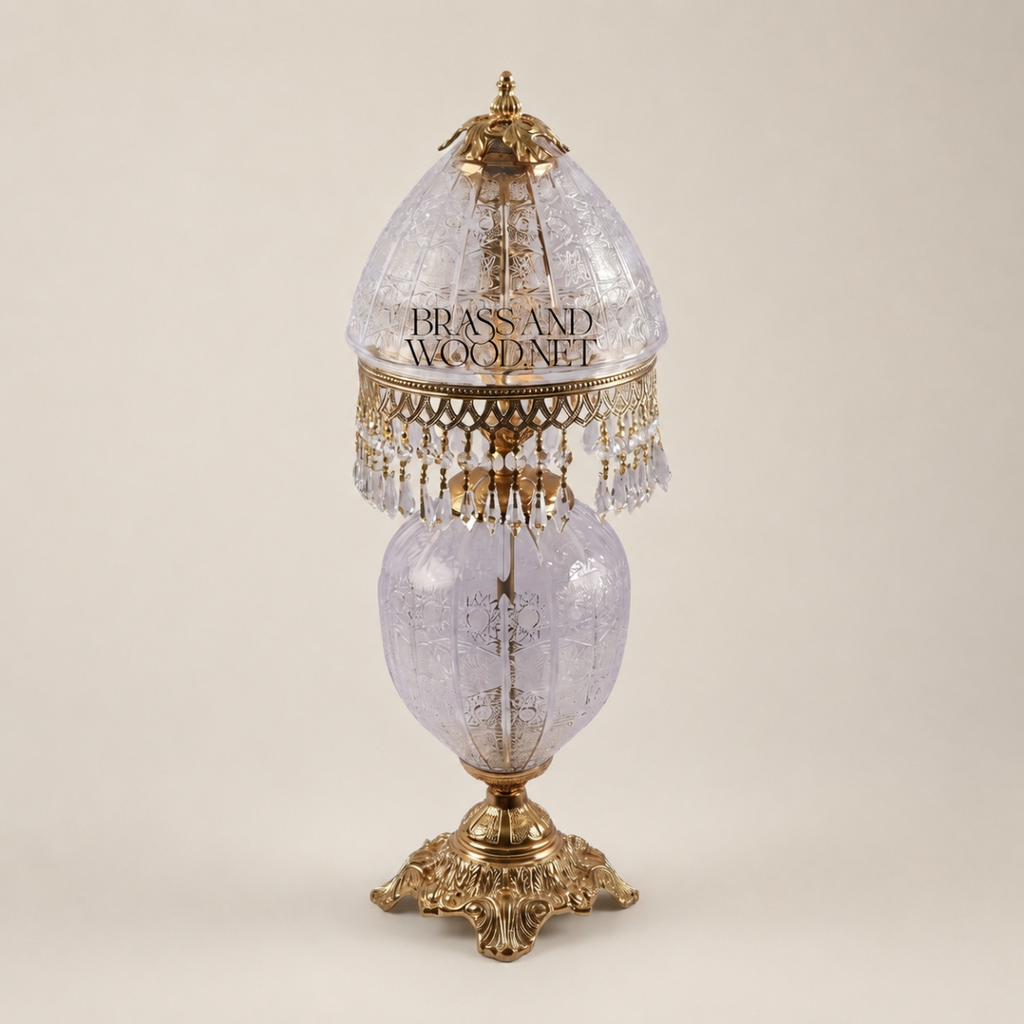 Victorian Crystal Table Lamp - Etched Dome Shade with Brass Crystal Fringe