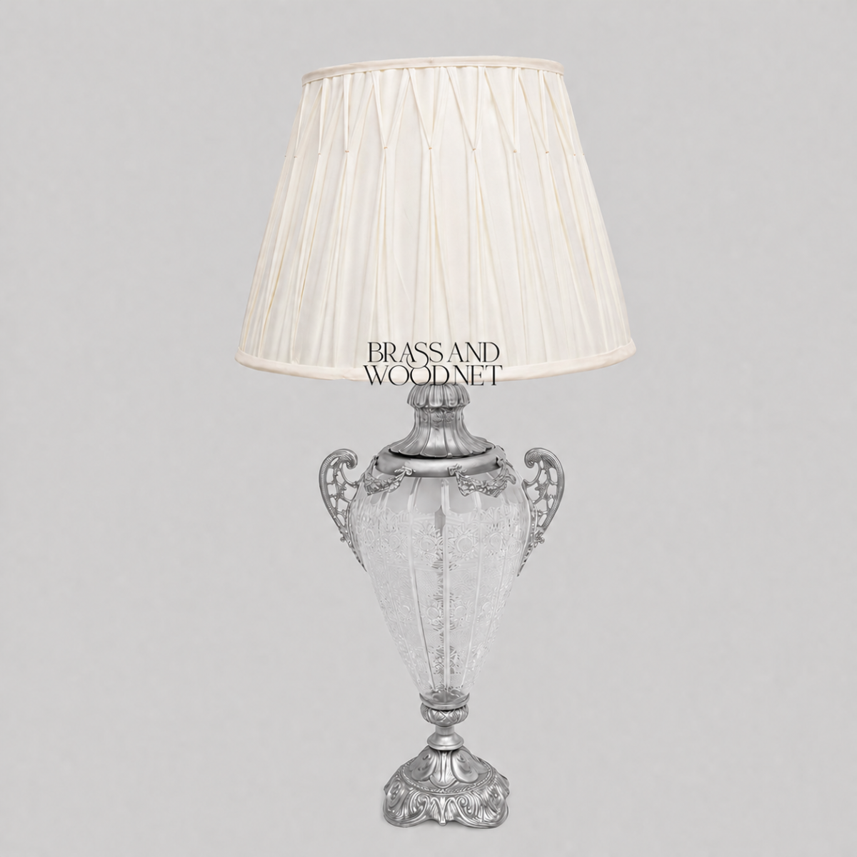 Classical Urn Table Lamp Base - Crackled Glass Body with Ornate Brass Handles & Pedestal — Silver