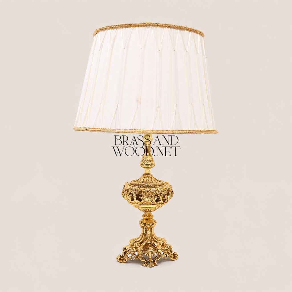 Baroque Repoussé Brass Table Lamp with Pleated Fabric Shade