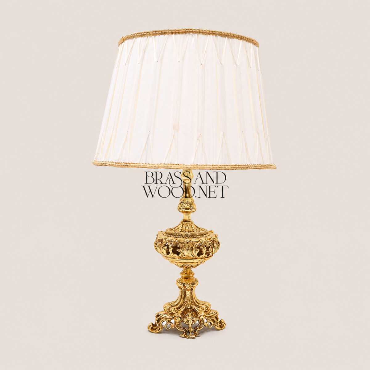 Baroque Repoussé Brass Table Lamp with Pleated Fabric Shade