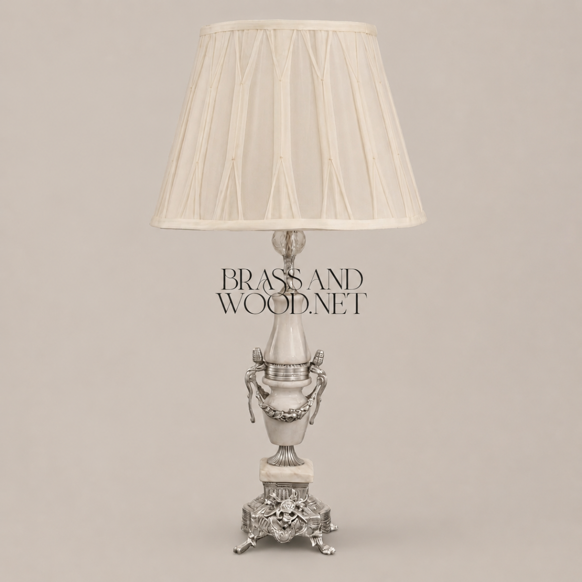 Classical Urn Table Lamp with Brass Garland & Pleated Ivory Shade