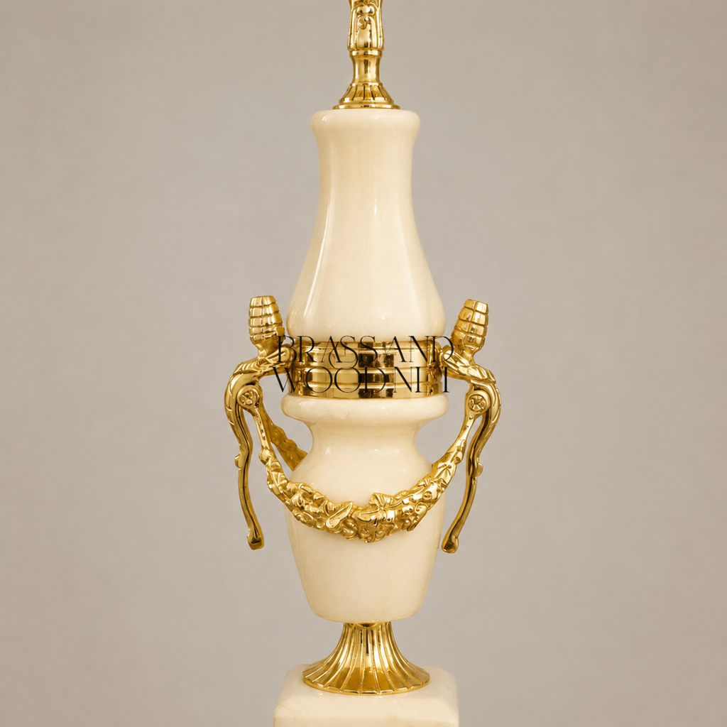 Classical Urn Table Lamp with Brass Garland & Pleated Ivory Shade