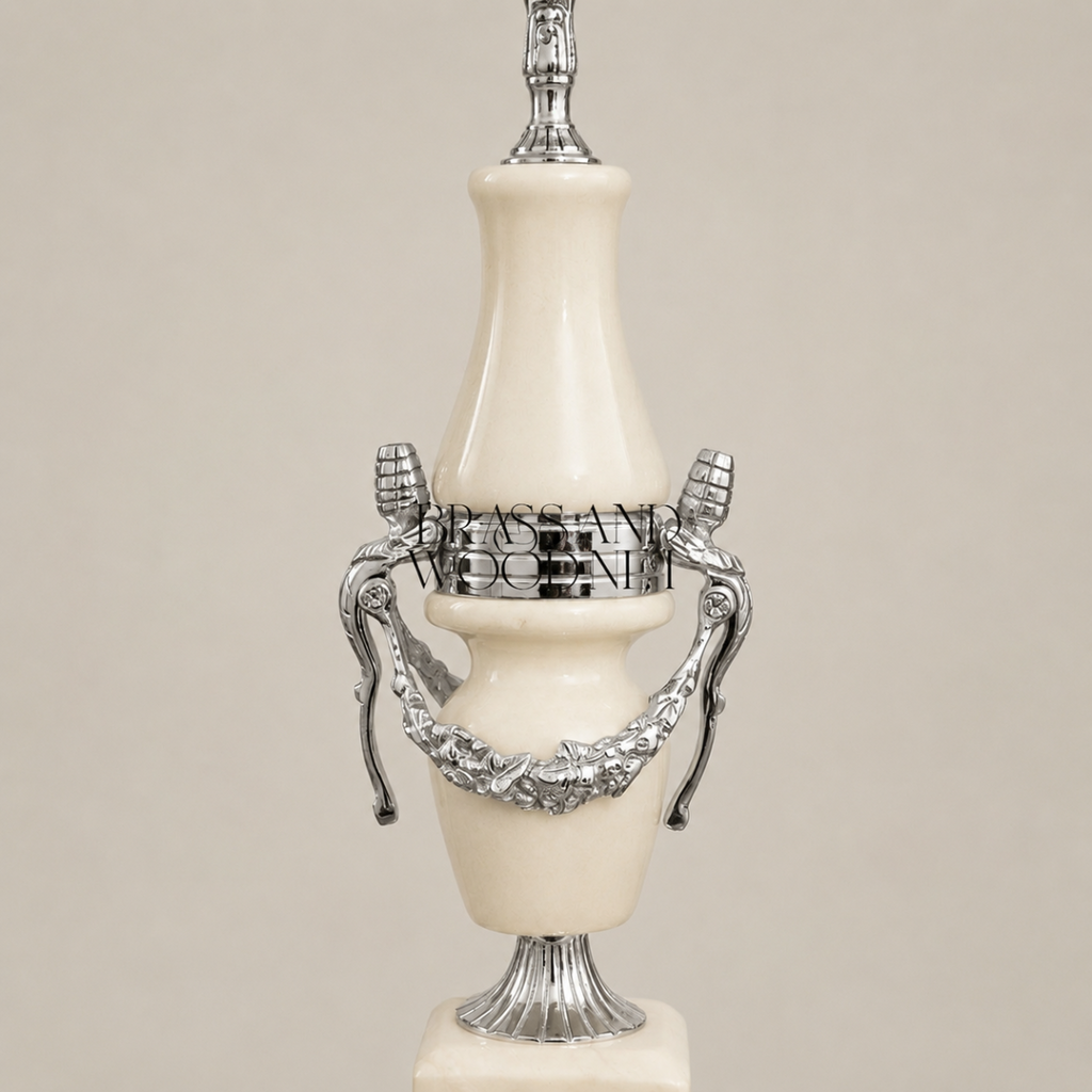 Classical Urn Table Lamp with Brass Garland & Pleated Ivory Shade