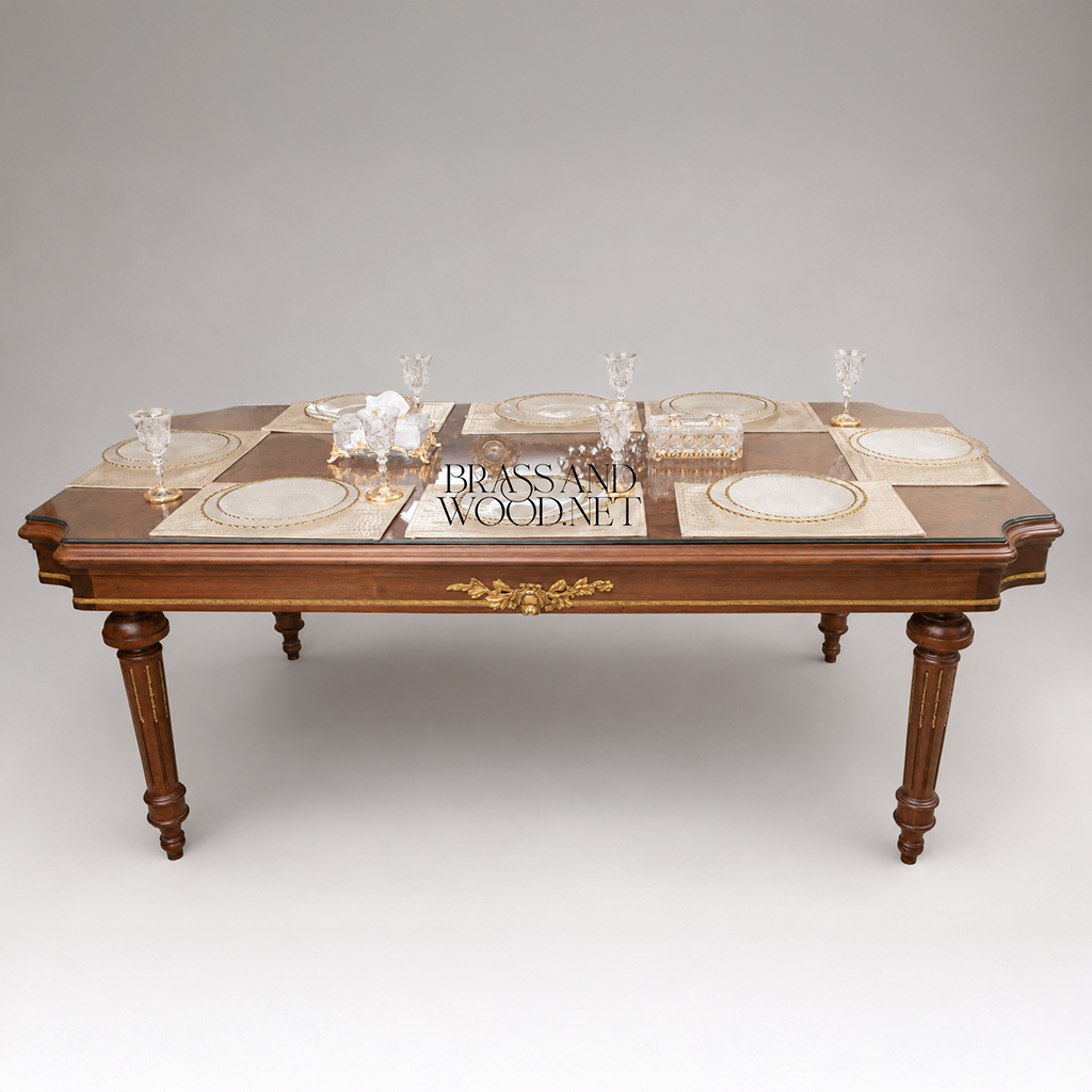 Brass & Wood Neoclassical Carved Wood Dining Table — 10 Persons
