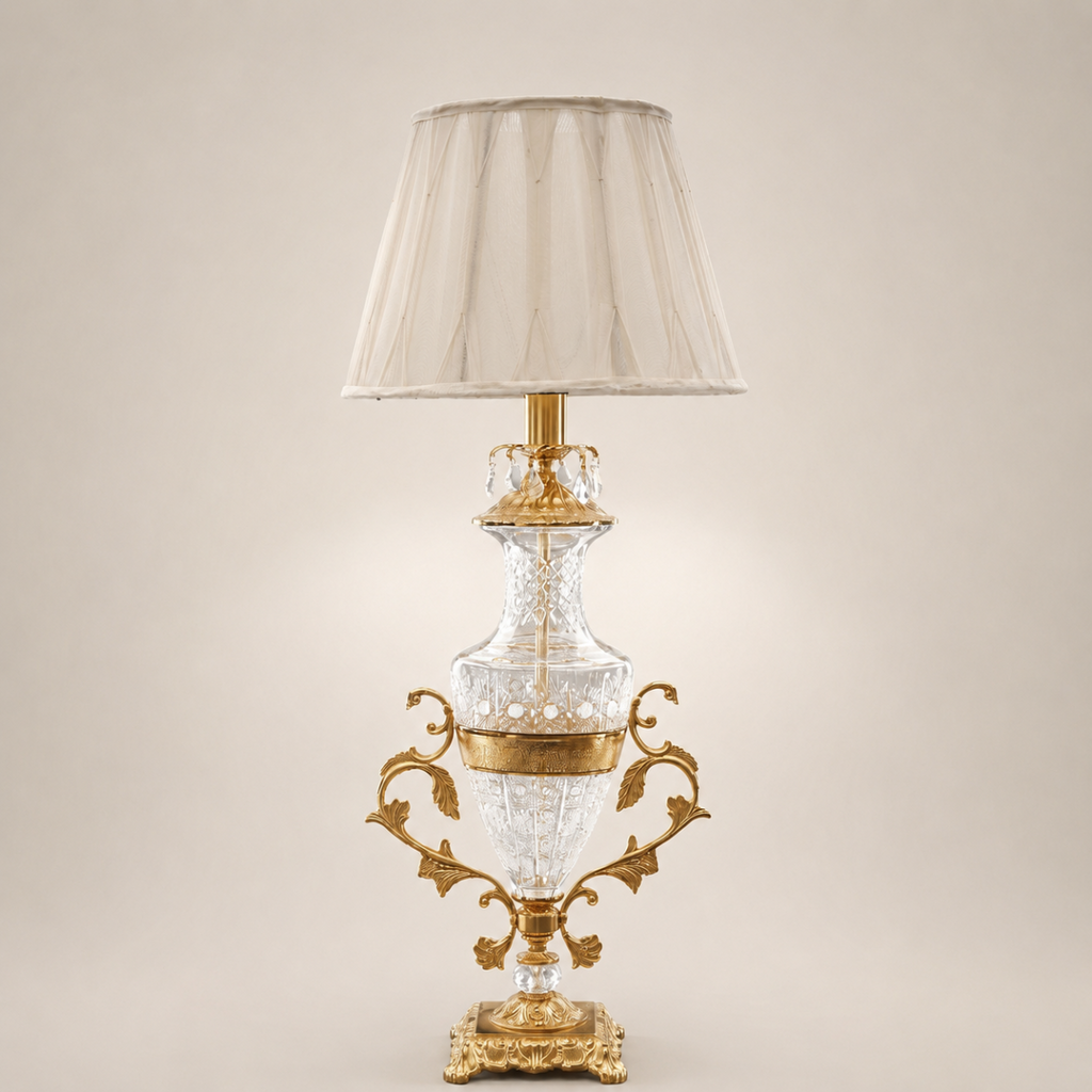 Classical Cut-Crystal Urn Table Lamp with Ornate Brass Base & Ivory Shade