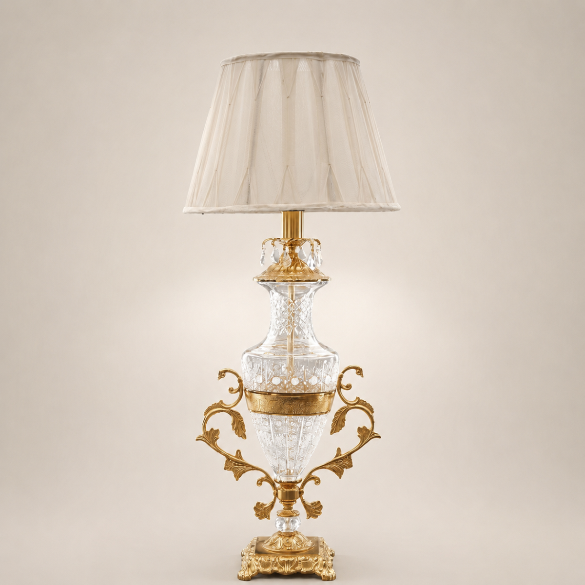 Classical Cut-Crystal Urn Table Lamp with Ornate Brass Base & Ivory Shade
