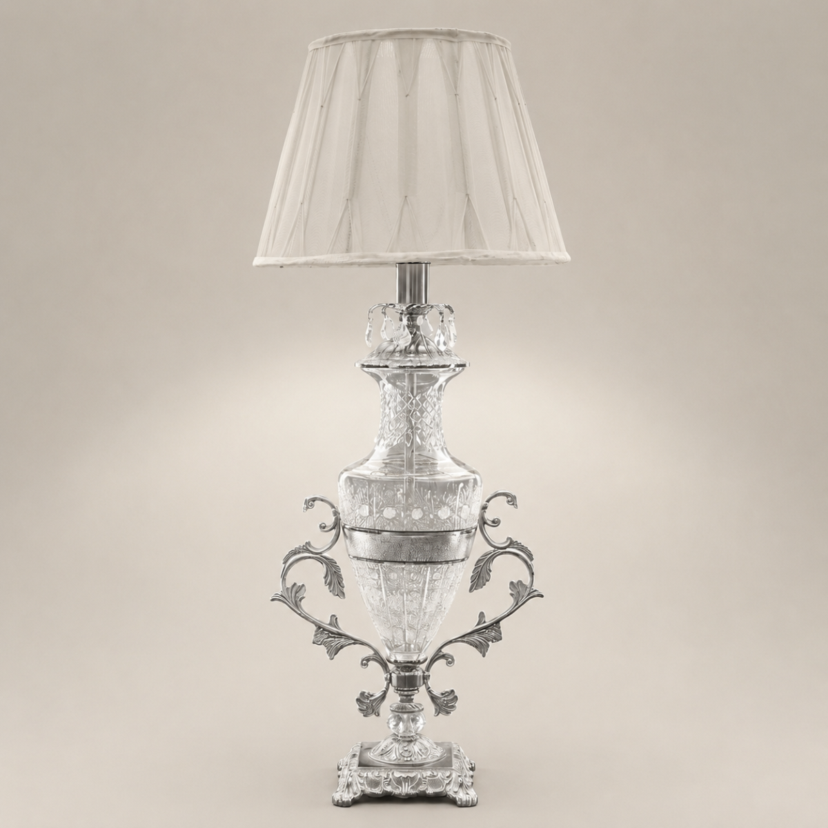 Classical Cut-Crystal Urn Table Lamp with Ornate Brass Base & Ivory Shade
