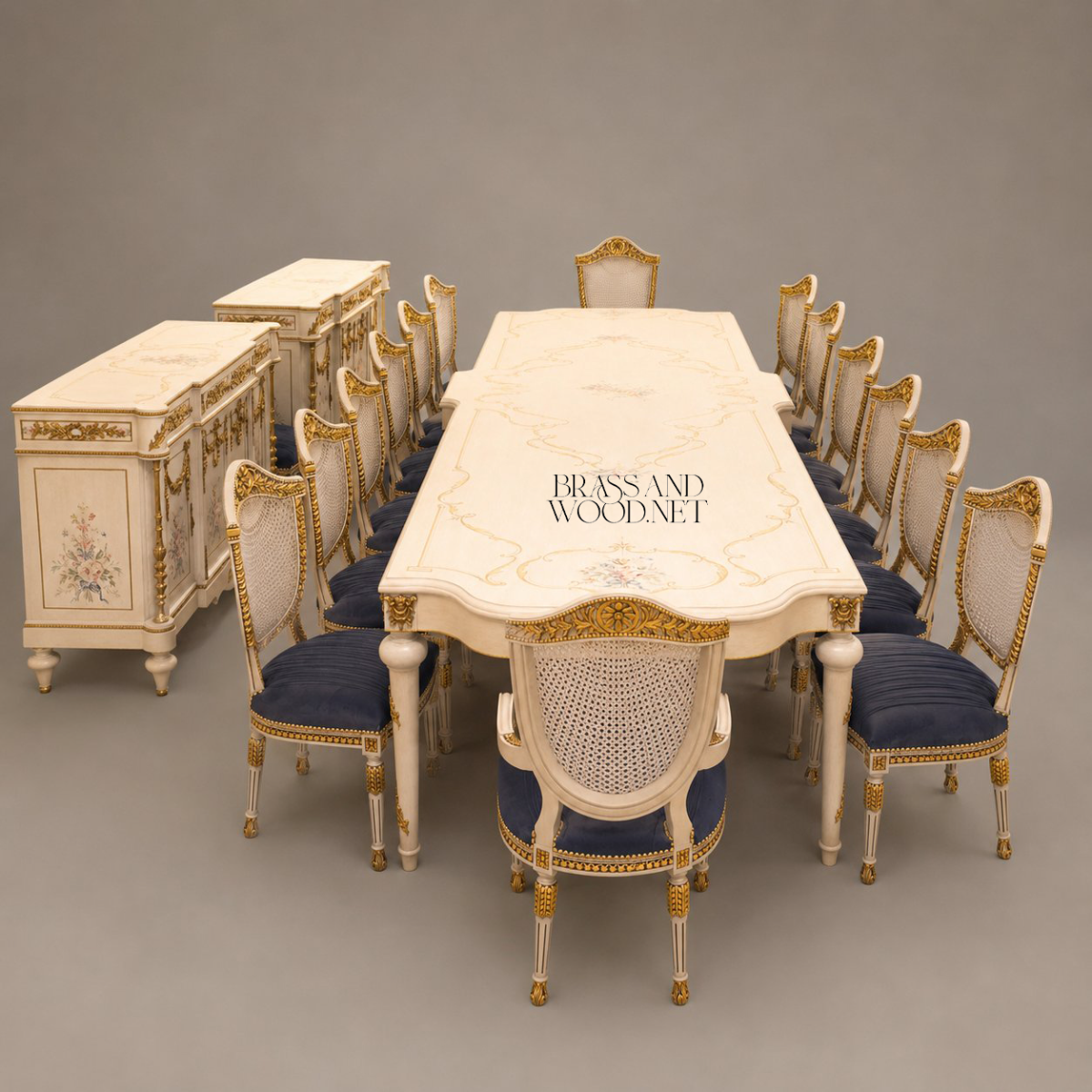 Louis XVI Floral Painted Dining Suite with Gilt Accents