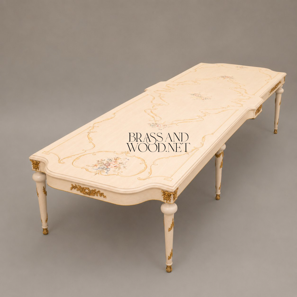 Brass & Wood Louis XVI Hand-Painted Ivory Dining Table