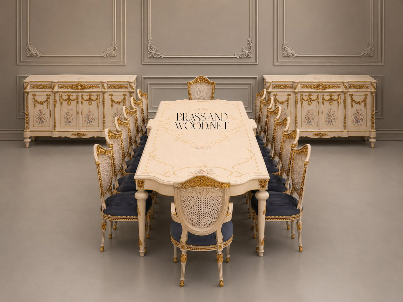 Louis XVI Floral Painted Dining Suite with Gilt Accents