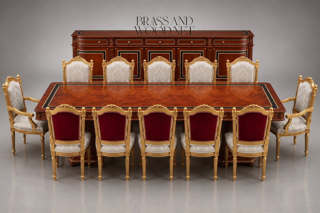 Louis XVI Damask Dining Suite — Table, Chairs & Buffet