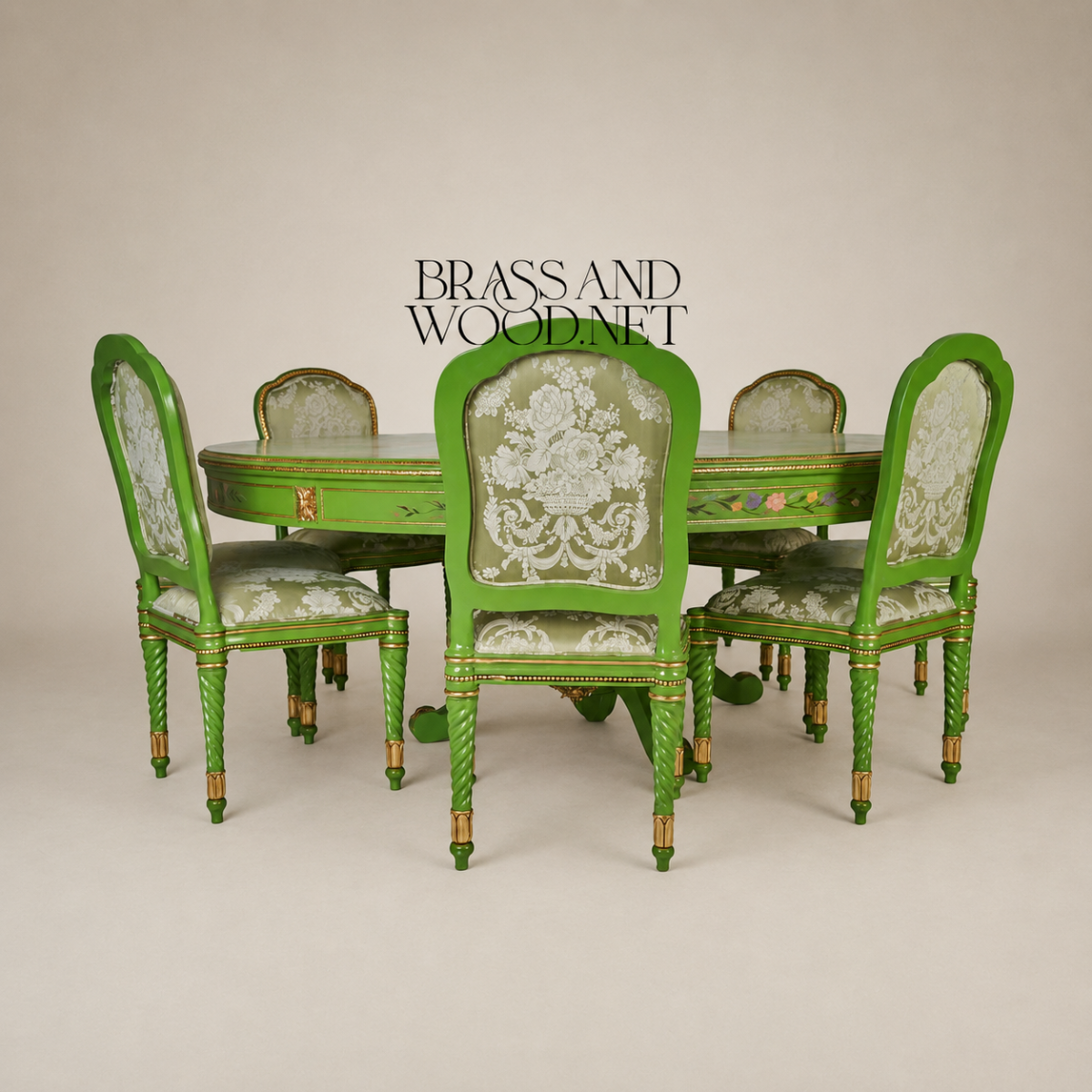 Floral Hand-Painted Green & Gold Dining Set