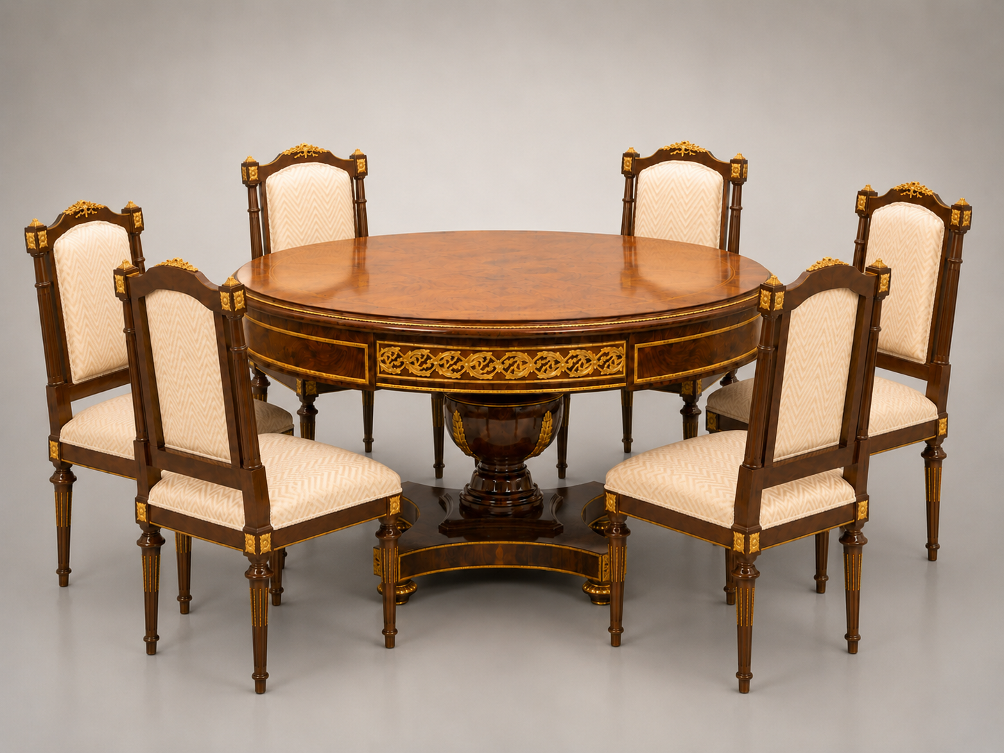 Empire Gilt Dining Suite with Round Table & Upholstered Chairs