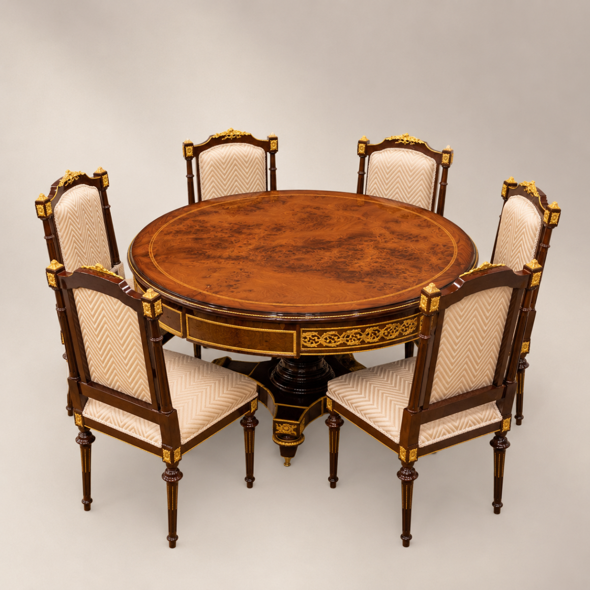 Empire Gilt Dining Suite with Round Table & Upholstered Chairs