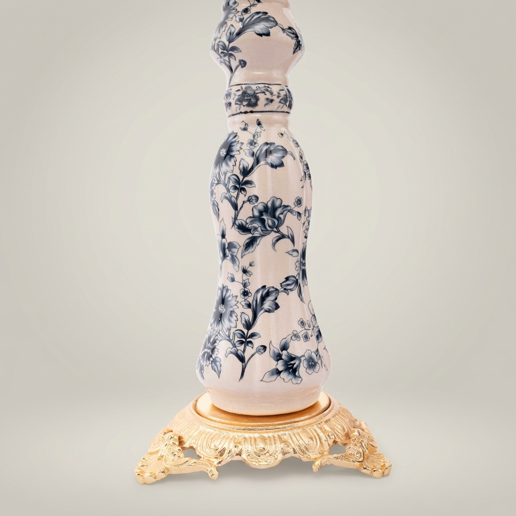 Chinoiserie Blue & White Floral Porcelain Candlestick with Ornate Brass Base — Gold
