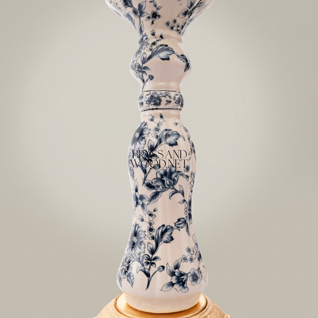 Chinoiserie Blue & White Floral Porcelain Candlestick with Ornate Brass Base