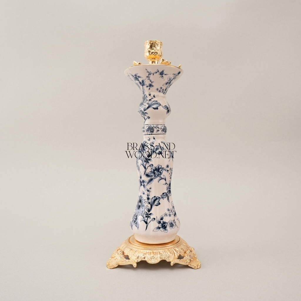Chinoiserie Blue & White Floral Porcelain Candlestick with Ornate Brass Base