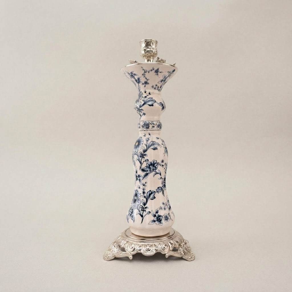 Chinoiserie Blue & White Floral Porcelain Candlestick with Ornate Brass Base — Silver