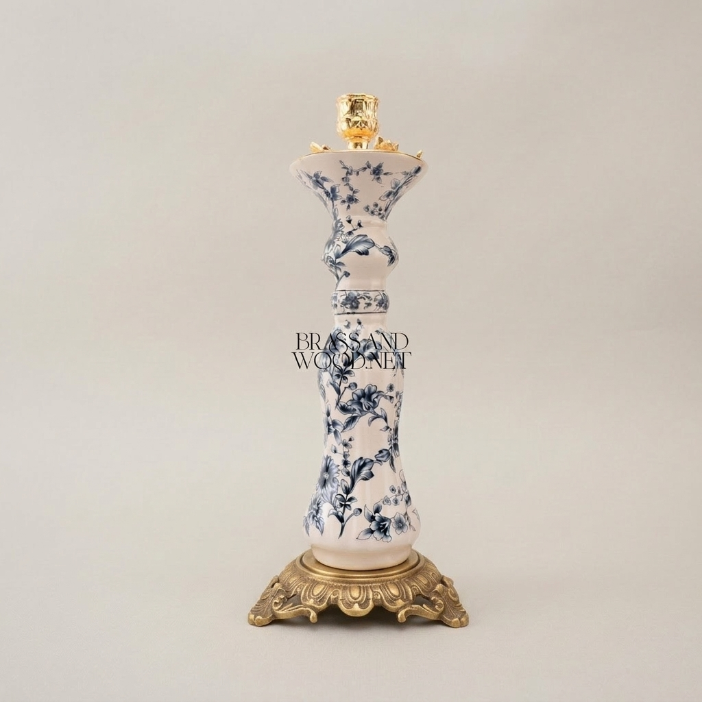 Chinoiserie Blue & White Floral Porcelain Candlestick with Ornate Brass Base — Antique Gold