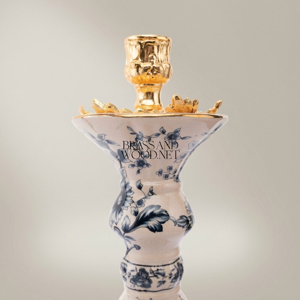 Chinoiserie Blue & White Floral Porcelain Candlestick with Ornate Brass Base