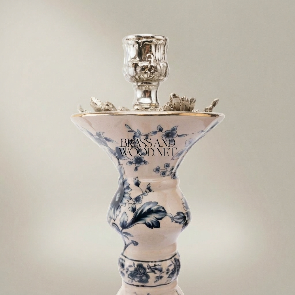 Chinoiserie Blue & White Floral Porcelain Candlestick with Ornate Brass Base — Silver