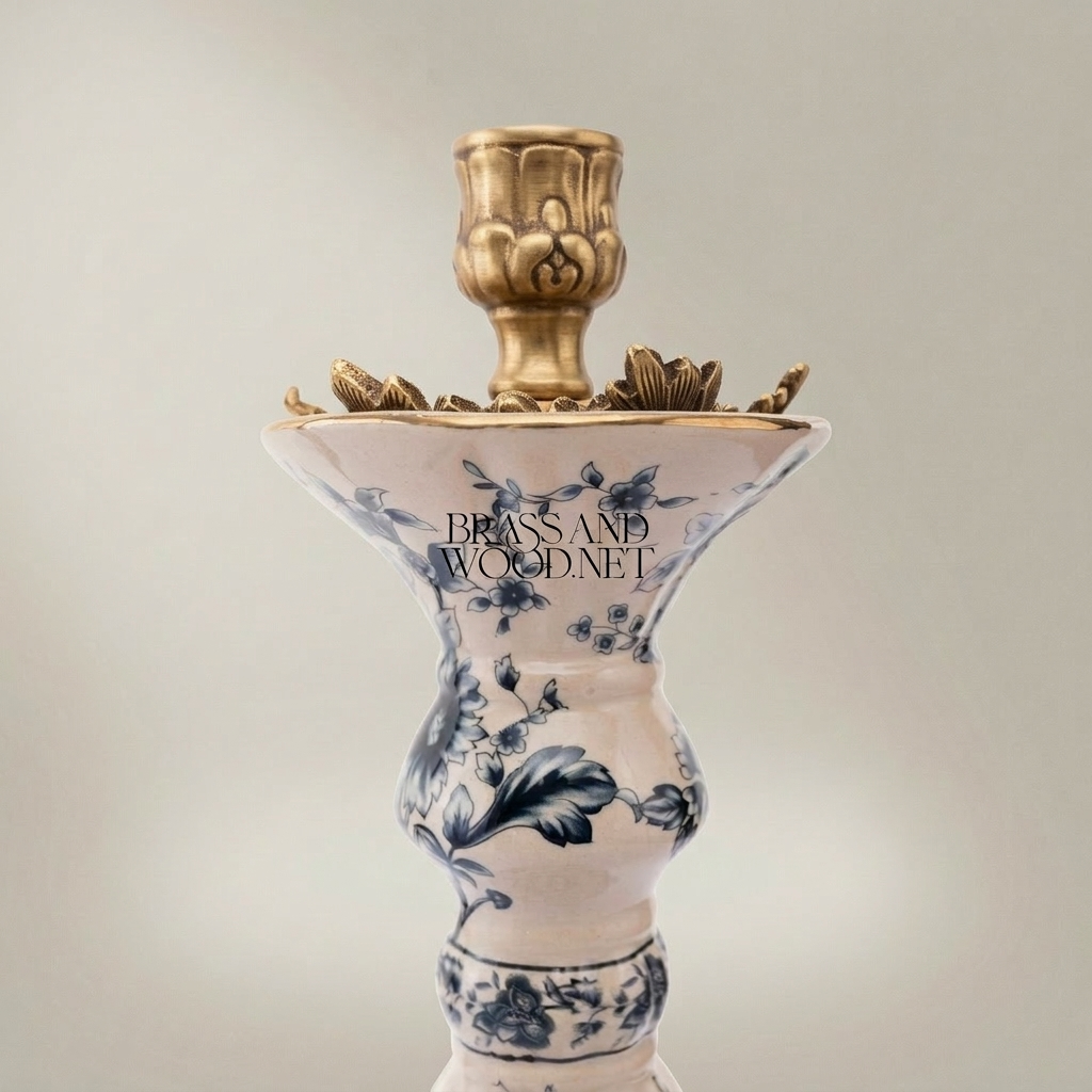Chinoiserie Blue & White Floral Porcelain Candlestick with Ornate Brass Base — Antique Gold