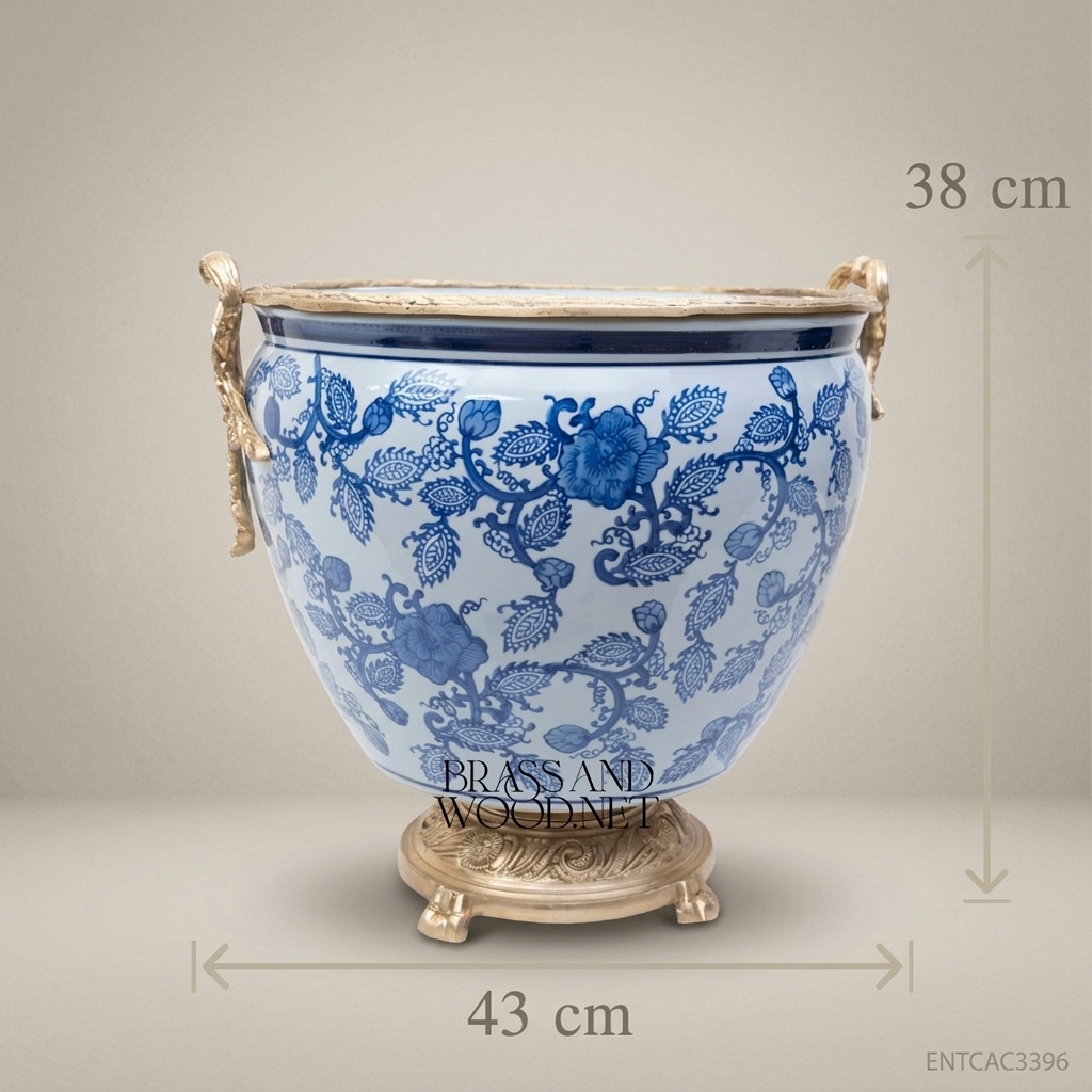 Chinoiserie Blue & White Porcelain Cachepot with Antique Brass Base – Set of 3