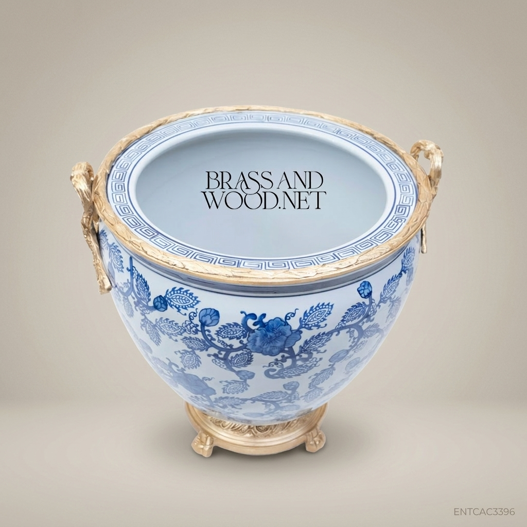 Chinoiserie Blue & White Porcelain Cachepot with Antique Brass Base – Set of 3