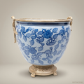 Chinoiserie Blue & White Porcelain Cachepot with Antique Brass Base – Set of 3