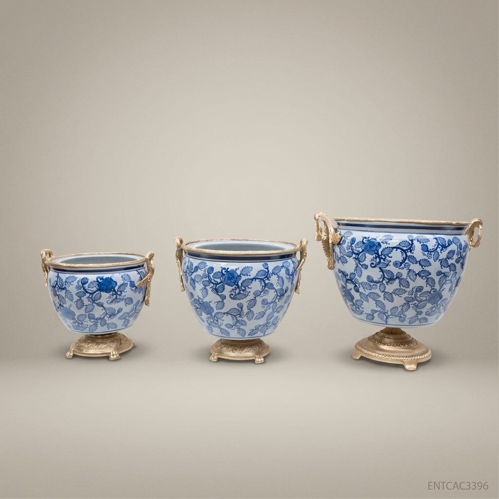 Chinoiserie Blue & White Porcelain Cachepot with Antique Brass Base – Set of 3