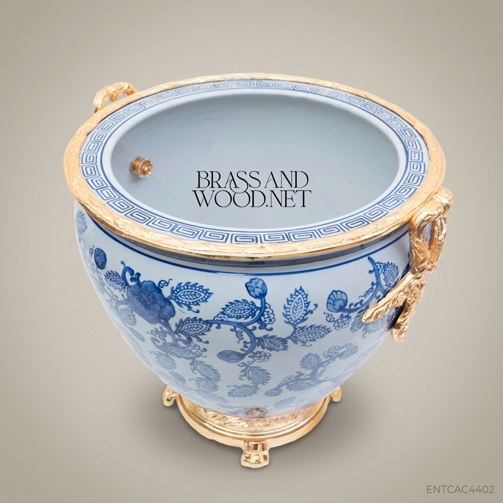Chinoiserie Blue & White Porcelain Cachepot with Antique Gold Brass Mounts