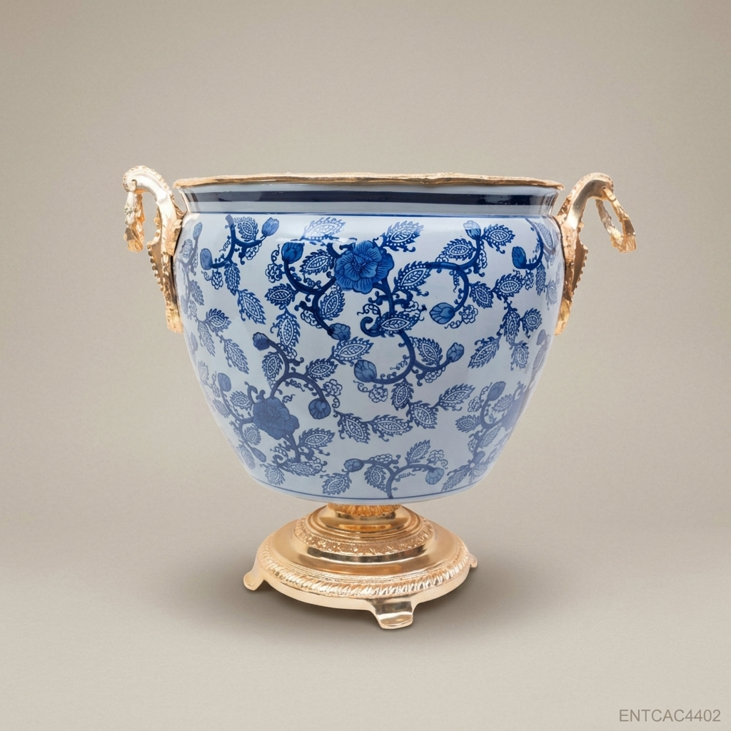 Chinoiserie Blue & White Porcelain Cachepot with Antique Gold Brass Mounts