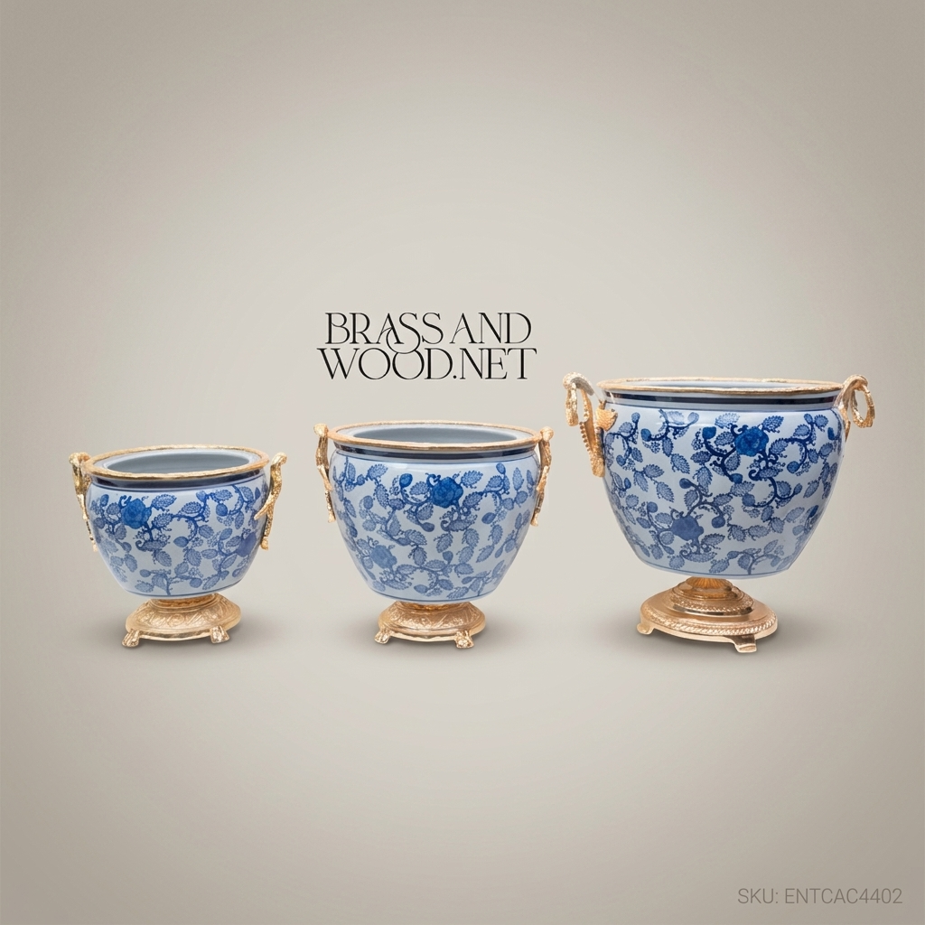 Chinoiserie Blue & White Porcelain Cachepot with Antique Gold Brass Mounts